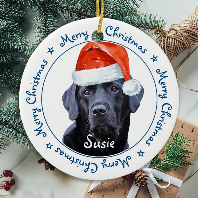 Ornamento De Cerâmica Feliz Natal Negro Labrador Cachorro de Papais noei (Criador carregado)