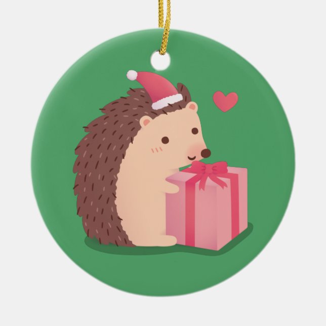Ornamento De Cerâmica Feliz Natal Ouriço Com Presente (Frente)