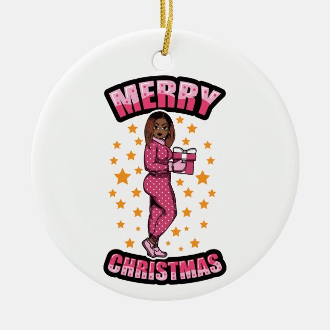 Ornamento De Cerâmica Feliz Natal Pajama Melanin X-mas Sweater Sista (Frente)