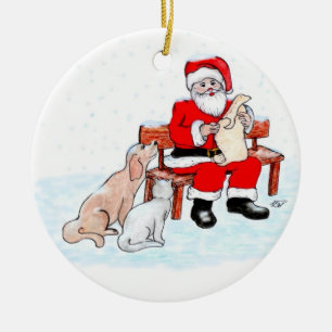 Ornamento De Cerâmica Feliz Natal - Papai Noel com gato e cão