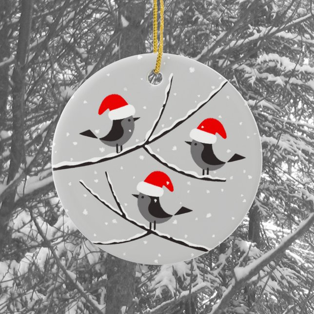 Ornamento De Cerâmica Feliz Natal - Papais noeis Red Hat Birds (Criador carregado)