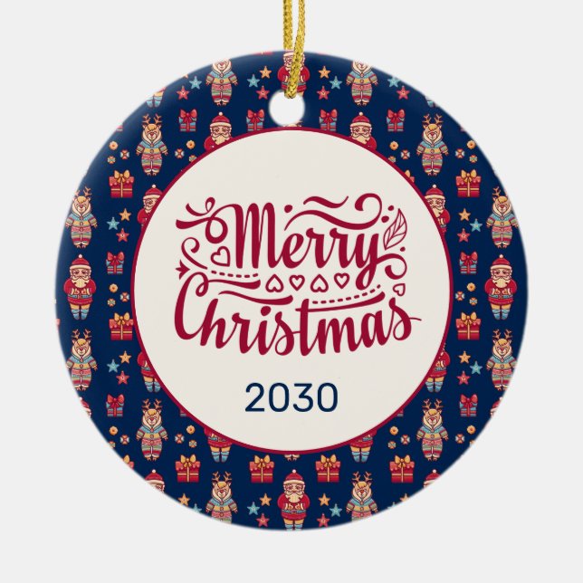 Ornamento De Cerâmica Feliz Natal Papais noeis Reindeer Blue Personaliza (Frente)