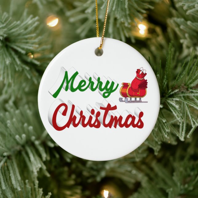 Ornamento De Cerâmica Feliz Natal Papais noeis Sleigh red green script (Árvore)