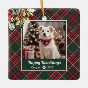Ornamento De Cerâmica Feliz Natal para Cachorros Vermelhos Xadrezes