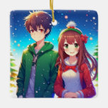 Ornamento De Cerâmica Feliz Natal para Casal de Animação<br><div class="desc">Bela anime e garota casal romântica de natal,  arte de Natal,  tudo o que eu quero para o Natal é você citar.</div>