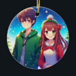 Ornamento De Cerâmica Feliz Natal para Casal de Animação<br><div class="desc">Bela anime e garota casal romântica de natal,  arte de Natal,  tudo o que eu quero para o Natal é você citar.</div>