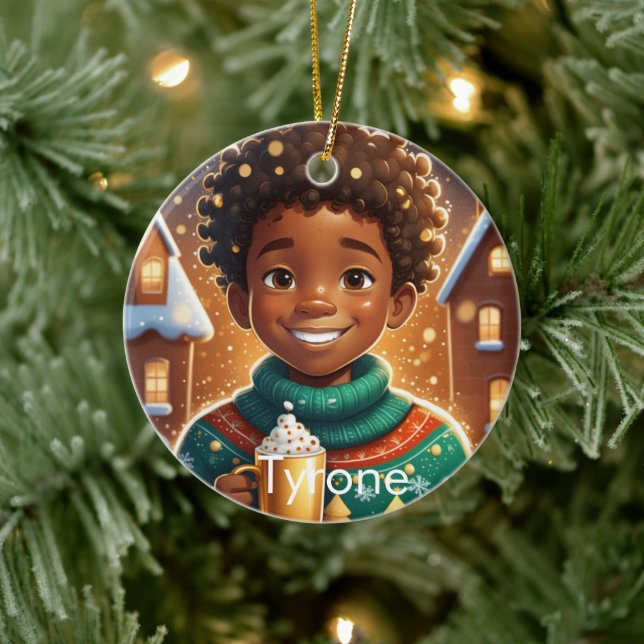Ornamento De Cerâmica Feliz Natal para o Menino Americano Africano (Árvore)
