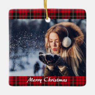 Ornamento De Cerâmica Feliz Natal Personalizado Xadrez de Foto Buffalo