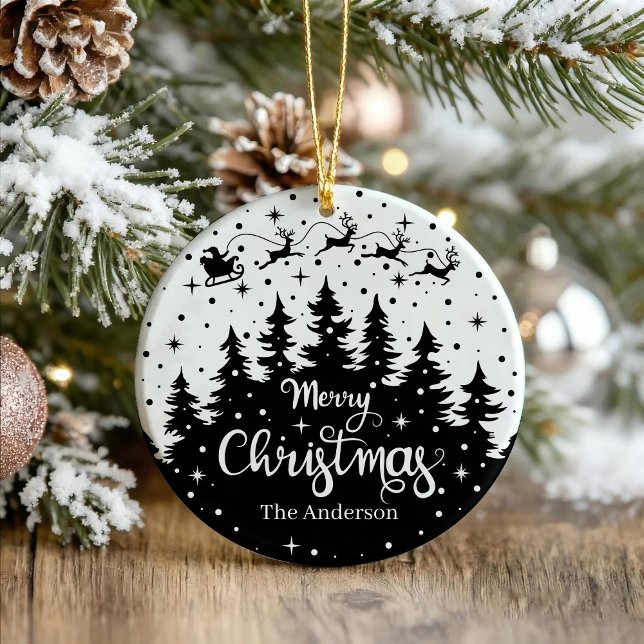 Ornamento De Cerâmica Feliz Natal Pine Santa Claus Reindeer Sleigh (Criador carregado)