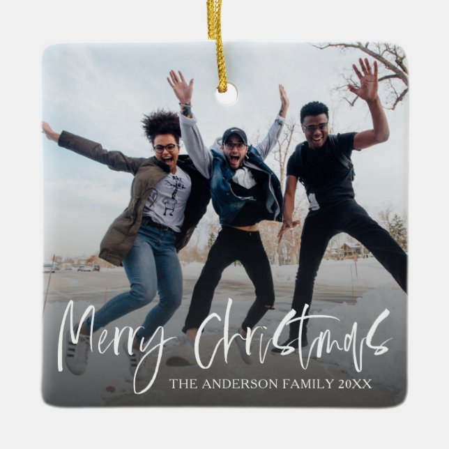 Ornamento De Cerâmica Feliz Natal preto e branco (Frente)