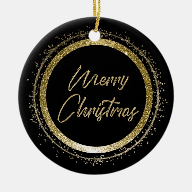 Ornamento De Cerâmica Feliz Natal Preto e Dourado (Frente)