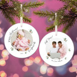 Ornamento De Cerâmica Feliz Natal Primeiro Ano Padrinhos<br><div class="desc">Modelo de foto bonito com "Feliz Natal! "Padrões de Deus" e ano no lado um com borras de água de Holly. Lado dois,  modelo fotográfico,  com "Primeiro Ano!" e nomes modelo com imagens de Holly.</div>
