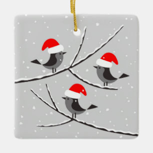 Ornamento De Cerâmica Feliz Natal Red Santa Hat Birds