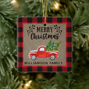 Ornamento De Cerâmica Feliz Natal Red Truck Buffalo Check Family