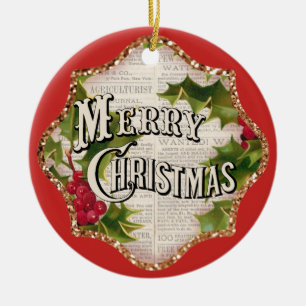 Ornamento De Cerâmica Feliz Natal Red Vintage Faux Sparkle Holiday