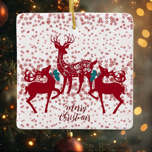 Ornamento De Cerâmica Feliz Natal Reindeer Nórdico Snowflakes Scandia (Merry Christmas Nordic Reindeer Snowflakes Scandia Ceramic Ornament)