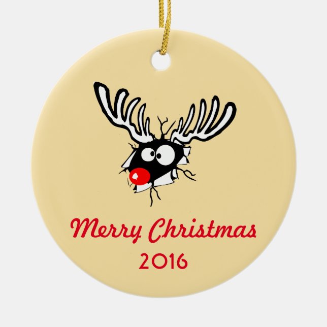 Ornamento De Cerâmica Feliz Natal! Rena Vermelha Louca (Frente)