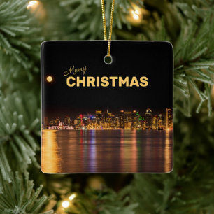 Ornamento De Cerâmica Feliz Natal San Diego Skyline City Dourado