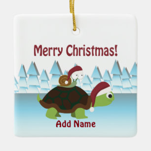 Ornamento De Cerâmica Feliz Natal! San Turtle e Papais noeis Snail