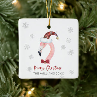 Ornamento De Cerâmica Feliz Natal Santa Hat Flamingo Snowflakes