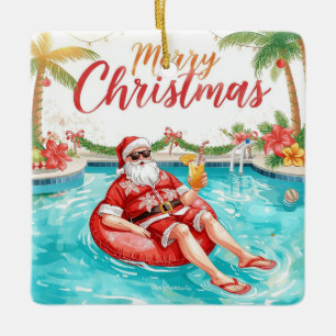 Ornamento De Cerâmica Feliz Natal Santa Tropical Festa de Verão na Pisci