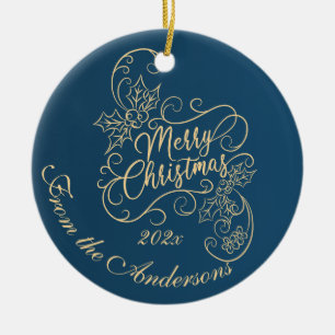 Ornamento De Cerâmica Feliz Natal Saudação de Natal Holly Blue