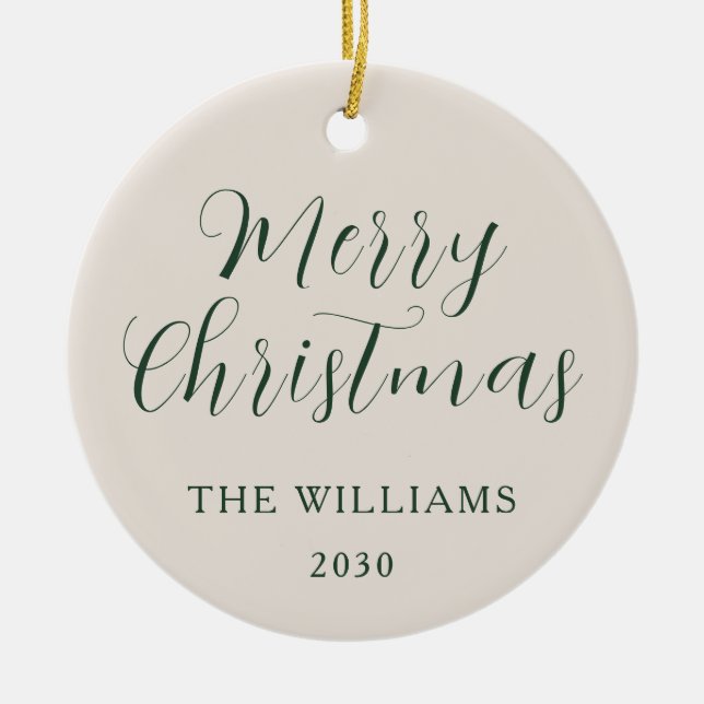Ornamento De Cerâmica Feliz Natal - Script Moderno Beige Green (Frente)