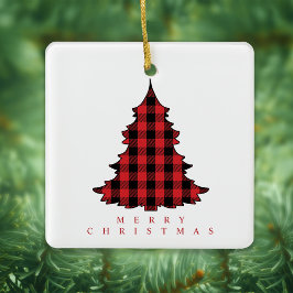 Ornamento De Cerâmica Feliz Natal Simples Xadrez de Buffalo Vermelho