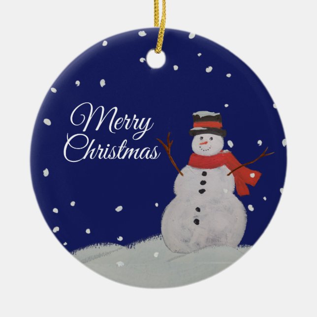 Ornamento De Cerâmica Feliz Natal Snowman na neve. (Frente)