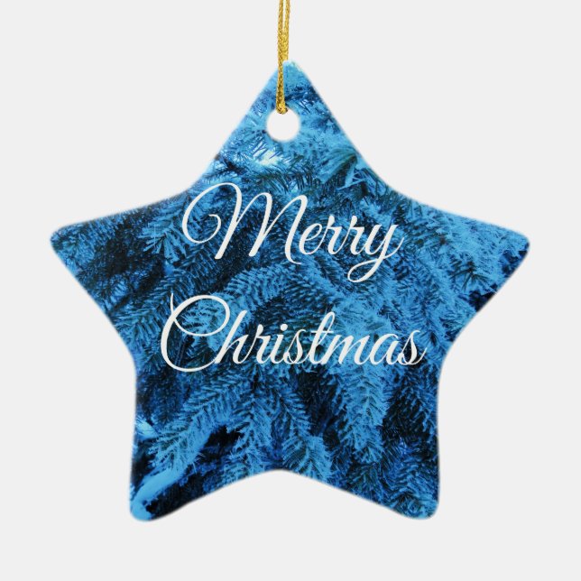 Ornamento De Cerâmica Feliz Natal Snowy Forest Spruce Star (Frente)
