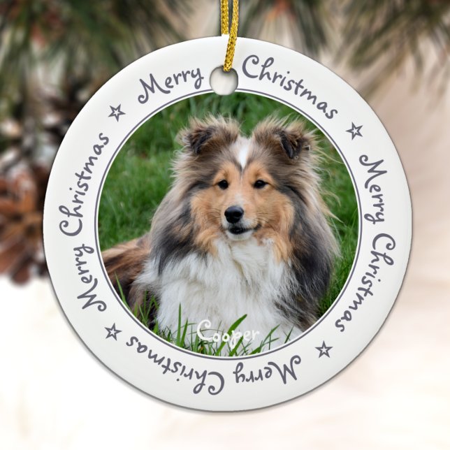 Ornamento De Cerâmica Feliz Natal Trendy Cinza Pet Dog Foto Única (Criador carregado)