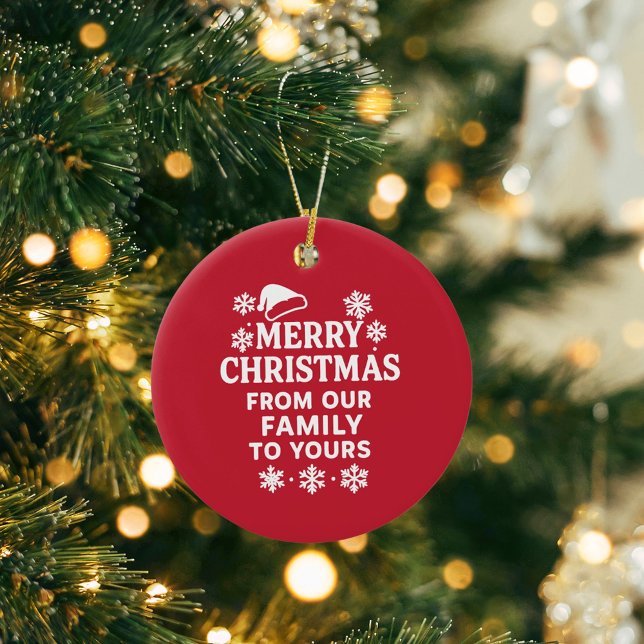 Ornamento De Cerâmica Feliz Natal vermelho branco saudações da família m (Criador carregado)