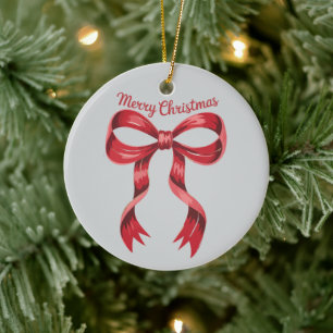 Ornamento De Cerâmica Feliz Natal Vermelho Coquete Laço Menina