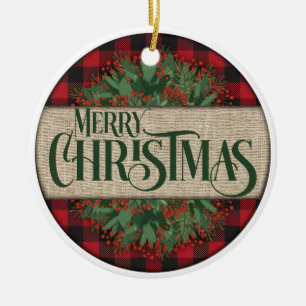 Ornamento De Cerâmica Feliz Natal Vermelho e Xadrez Negra Duplos Lados