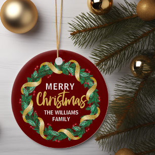 Ornamento De Cerâmica Feliz Natal Wreath Dourado Família Vermelho Perso