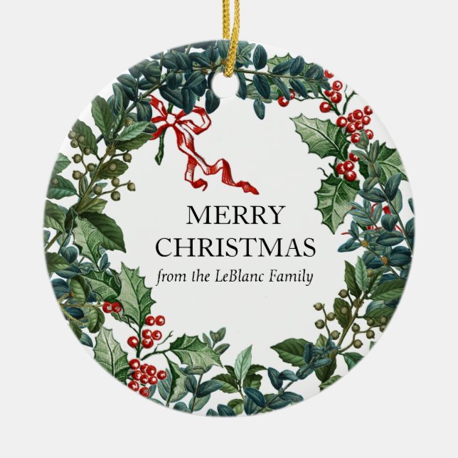 Ornamento De Cerâmica Feliz Natal Wreath Personalizado Arco Vermelho Ver (Frente)