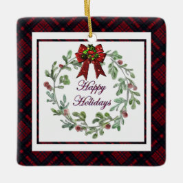 Ornamento De Cerâmica Feliz Natal Xadrez Vermelho Personalizado