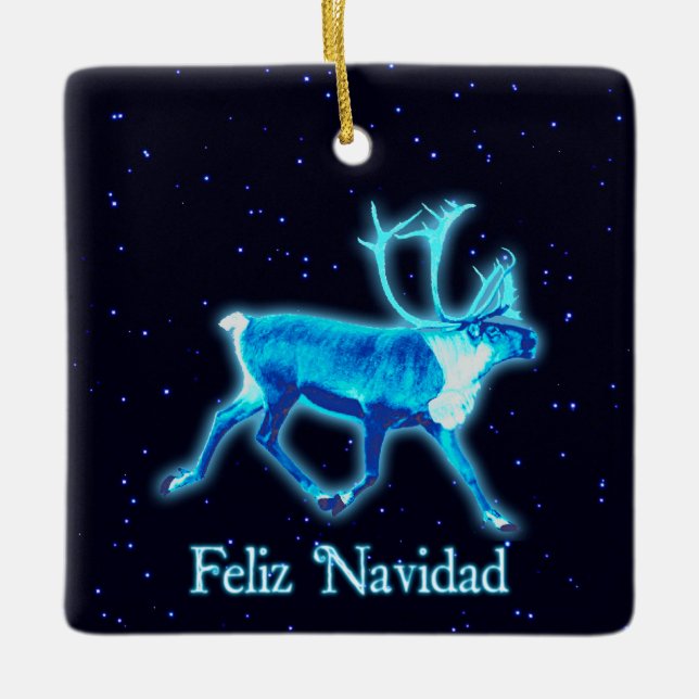 Ornamento De Cerâmica Feliz Navidad - Azul Cariou (Reindeer) (Frente)
