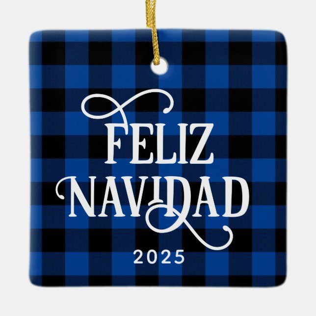 Ornamento De Cerâmica Feliz Navidad Blue Buffalo Plaid Family Photo (Frente)