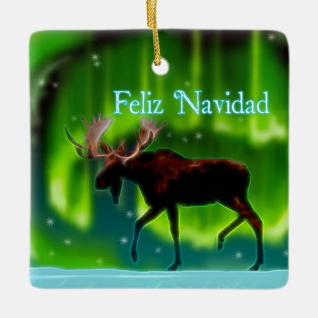 Ornamento De Cerâmica Feliz Navidad - Luzes do Norte Moose (Frente)
