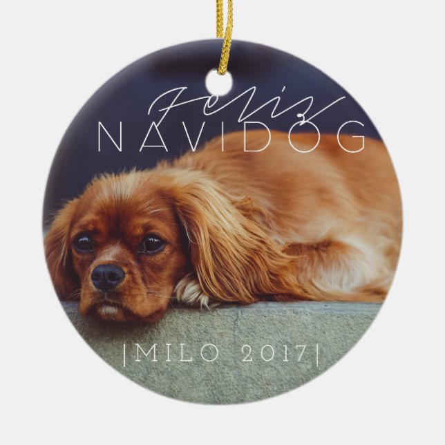 Ornamento De Cerâmica Feliz Navidog | Foto de Férias (Frente)