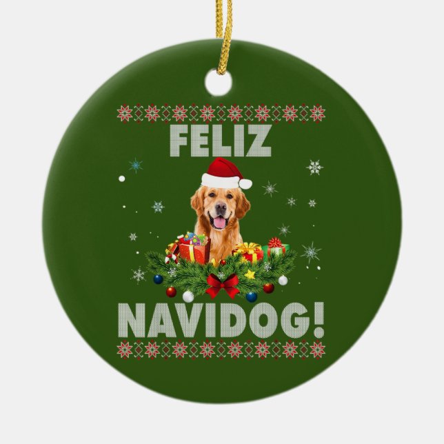 Ornamento De Cerâmica Feliz Navidog Ouro Retriever Cachorro Feio (Frente)
