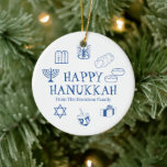Ornamento De Cerâmica Feliz nome personalizado azul Hanukkah<br><div class="desc">Feliz Hanukkah,  personalize o presente de nome da família a favor do Ornamento Cerâmico de Natal. Feliz Hanukkah,  Feliz Chanukah,  Hanukkah Sameach!,  Chag Sameach!,  Chag Urim Sameach! Azul e branco</div>