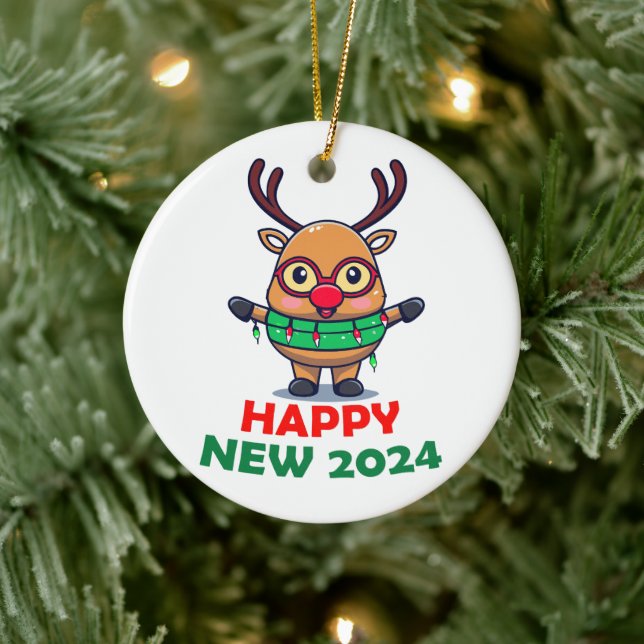 Ornamento De Cerâmica Feliz Nova Reindeer 2024 (Árvore)
