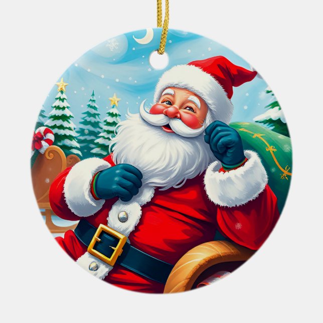 Ornamento De Cerâmica Feliz Pai Natal a Relaxar no Sleigh Festivo (Frente)