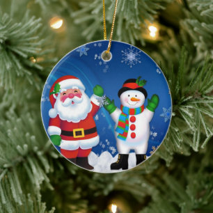 Ornamento De Cerâmica Feliz Pai Natal e Homem de Neve