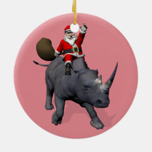 Ornamento De Cerâmica Feliz Pai Natal No Rinoceronte Rinoceronte