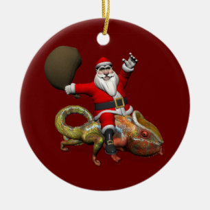 Ornamento De Cerâmica Feliz Papai Noel Andando No Camaleão Colorido