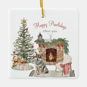 Ornamento De Cerâmica Feliz Pawlidays Desenho de Cachorro - Husky
