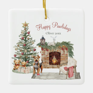 Ornamento De Cerâmica Feliz Pawlidays Design de Cachorro - Airedale